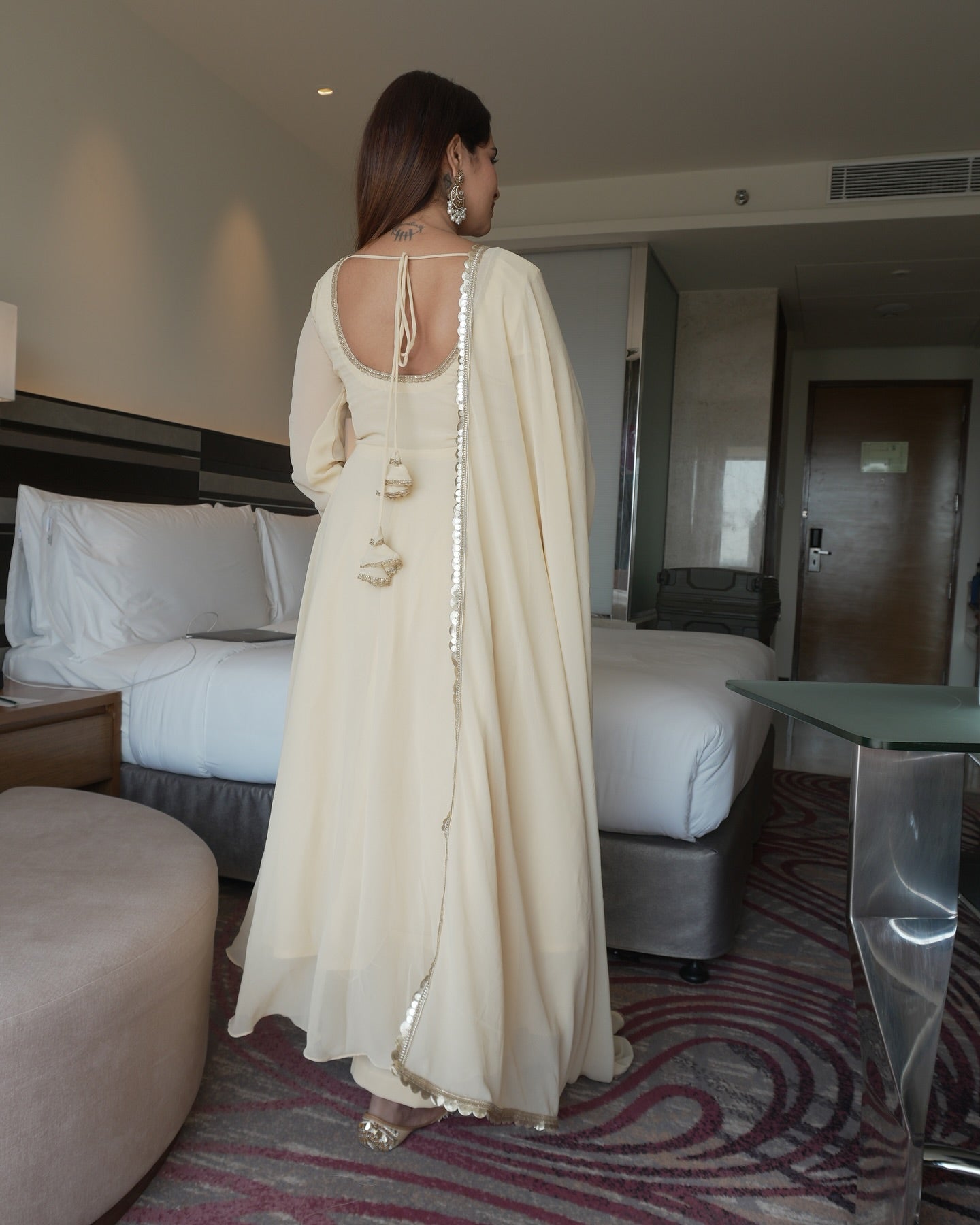Cream Off-White Georgette Anarkali Suit Set with Mirror Border Dupatta