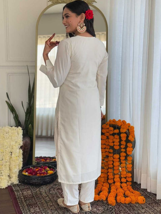 Pure White Kurta Accentuated with a Striking Scarlet Dupatta