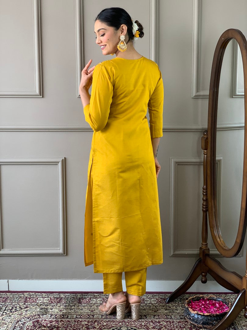 Yellow Embroidered Straight Kurta with Pants & Dupatta