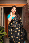 Black & Sky Blue Contrast Saree with Golden Motifs
