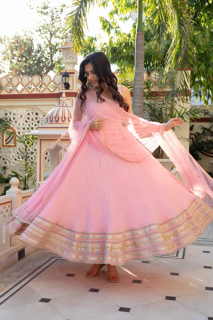 Graceful Baby Pink Georgette Flared Anarkali Kurti with Gota Patti Hem & Net Dupatta Set for Women
