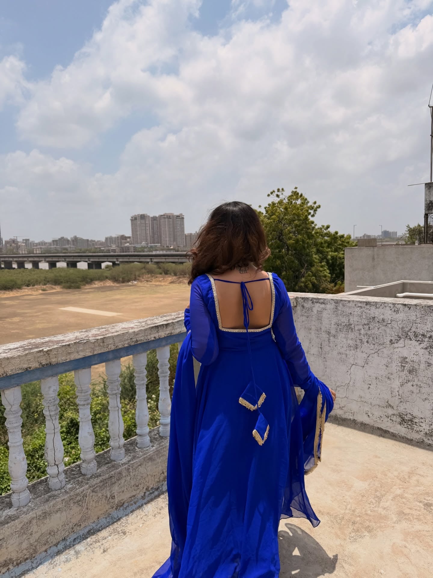 Royal Blue Georgette Anarkali Suit Set with Gold Border Dupatta