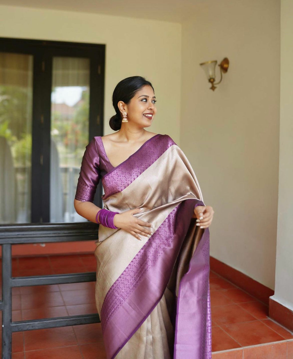 Lavender Beige Royal Silk Saree