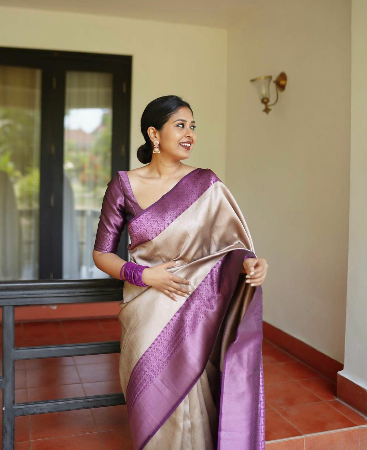 Lavender Beige Royal Silk Saree