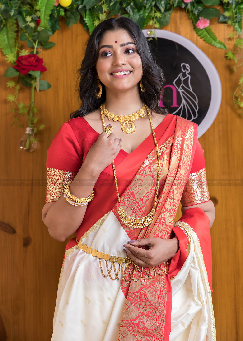 White Saree with Red & Gold Border