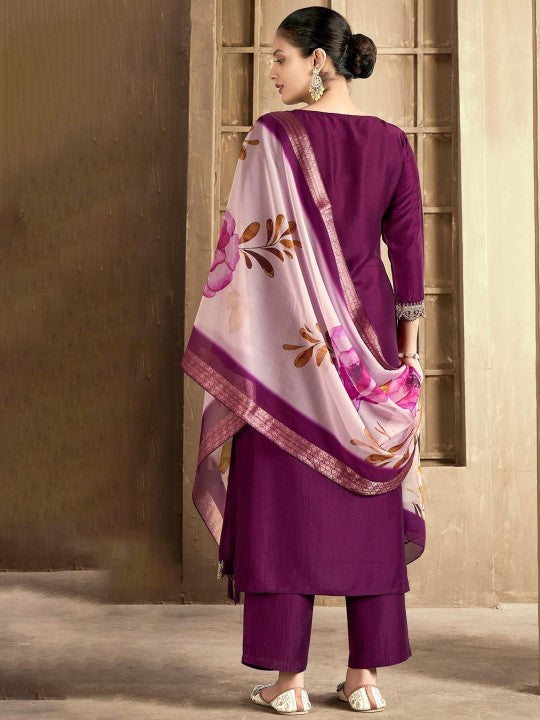 Wine Purple Embroidered Kurta Set with Floral Dupatta for Women