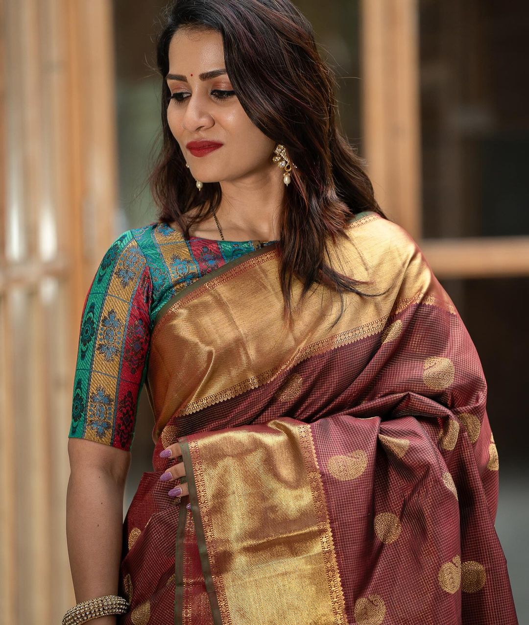 Maroon Silk Saree with Golden Zari Border