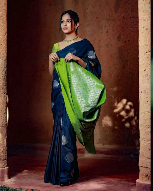 Navy Silk Saree with Silver Motifs and Rich Green Pallu
