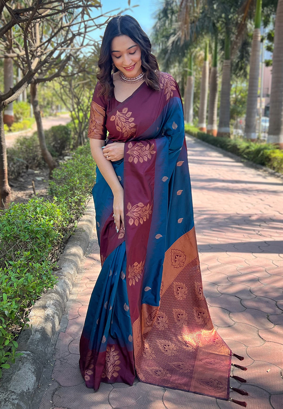 Black & Grey Silk Saree with Copper Zari Border | Elegant Festive & Party Wear Saree