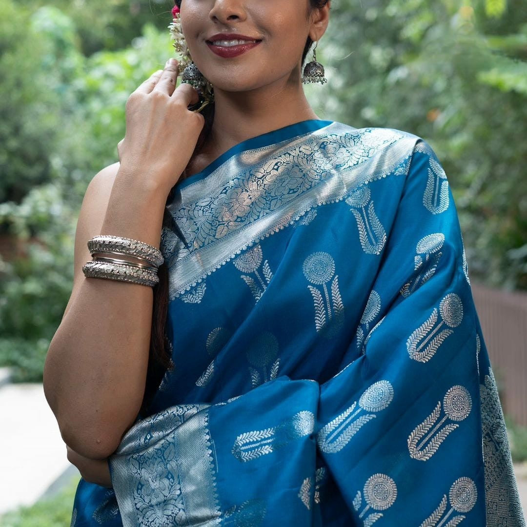 Turquoise Silk Saree with Silver Zari