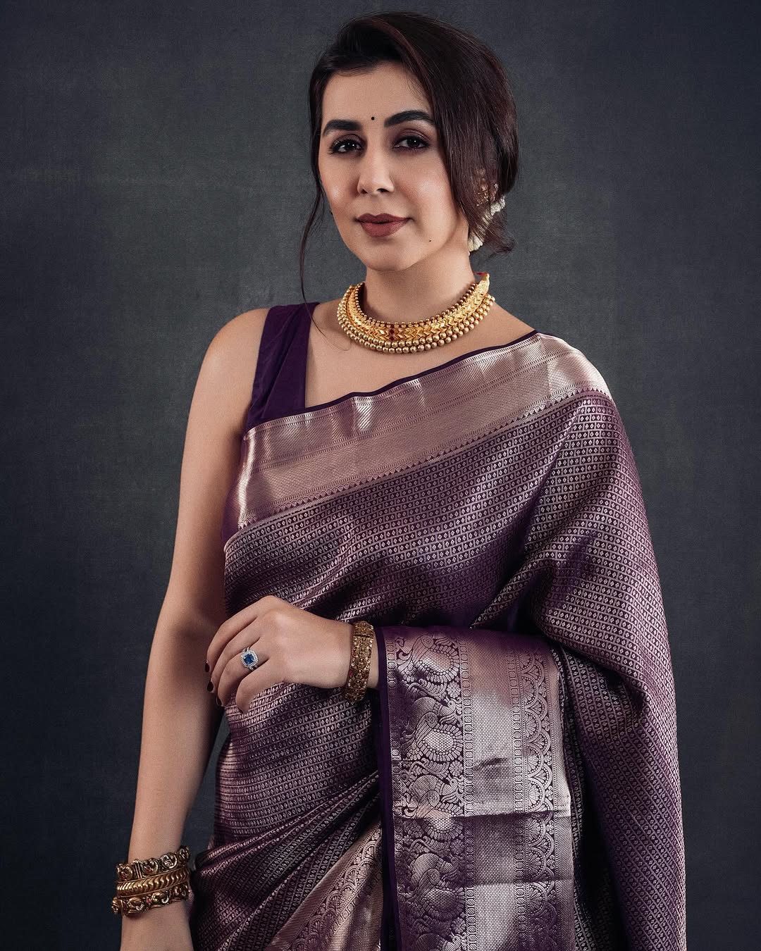 Purple Silk Saree with Metallic Zari