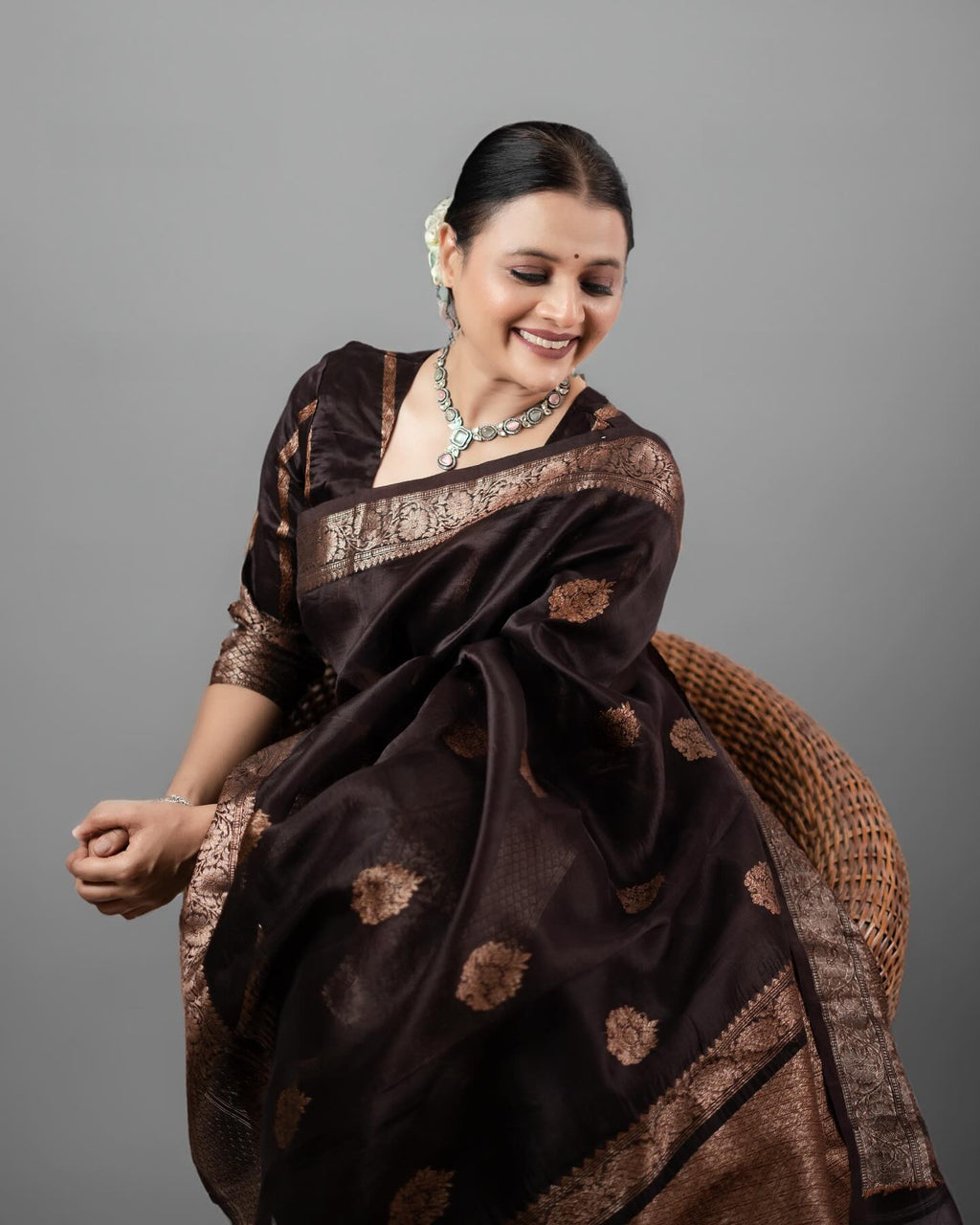 Chocolate Brown Silk Saree with Antique Gold Zari