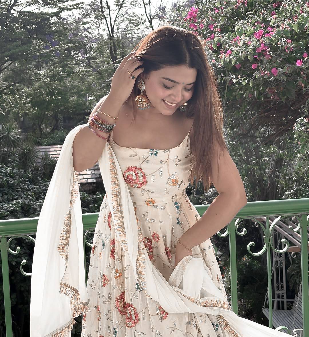 Off-White Floral Threadwork & Sequin Embroidered Strappy Anarkali Gown with Solid Dupatta Set for Women