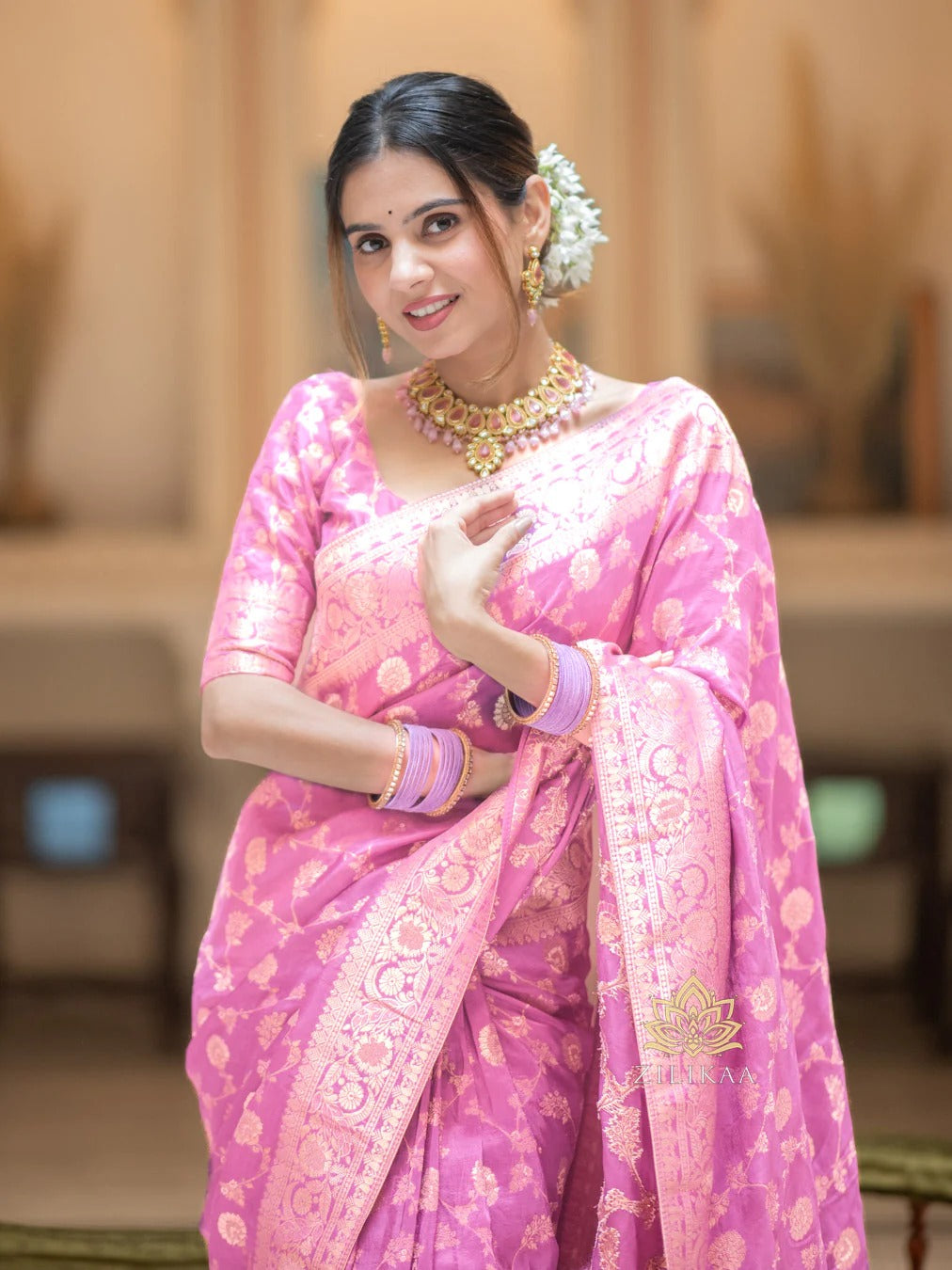 Baby Pink Silk Saree with Gold Zari Work