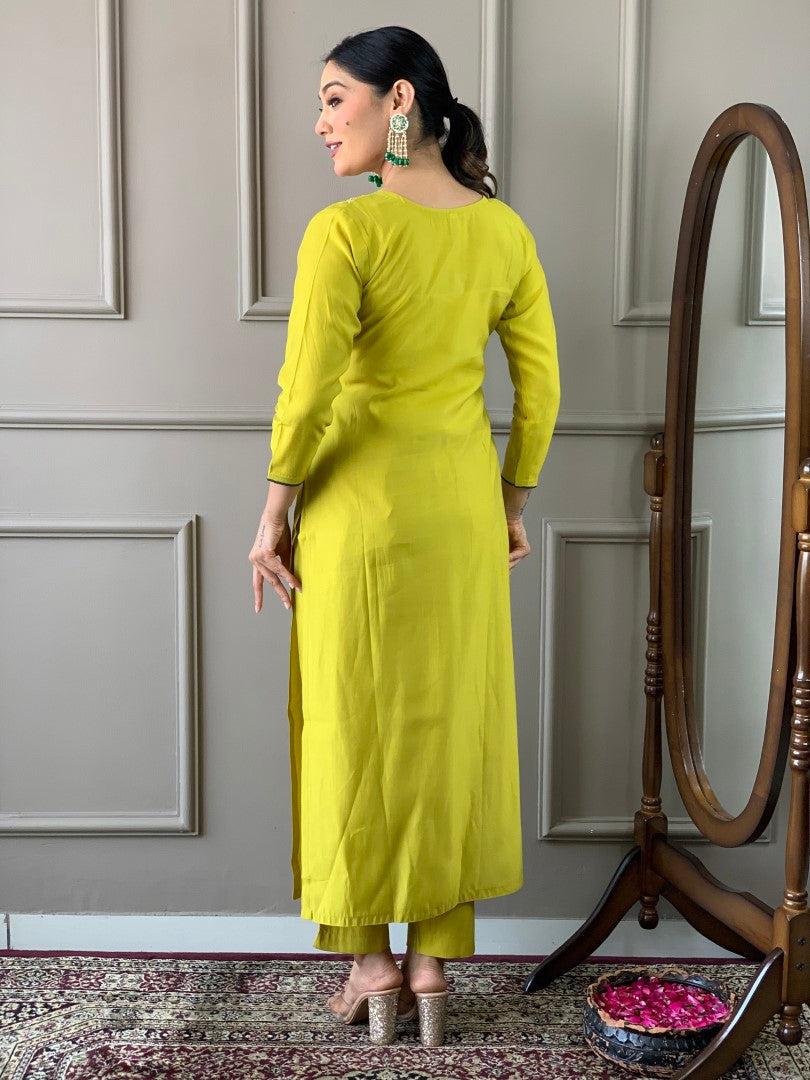 Viscose Embroidery Designer Lemon Yellow Stright Kurta Set