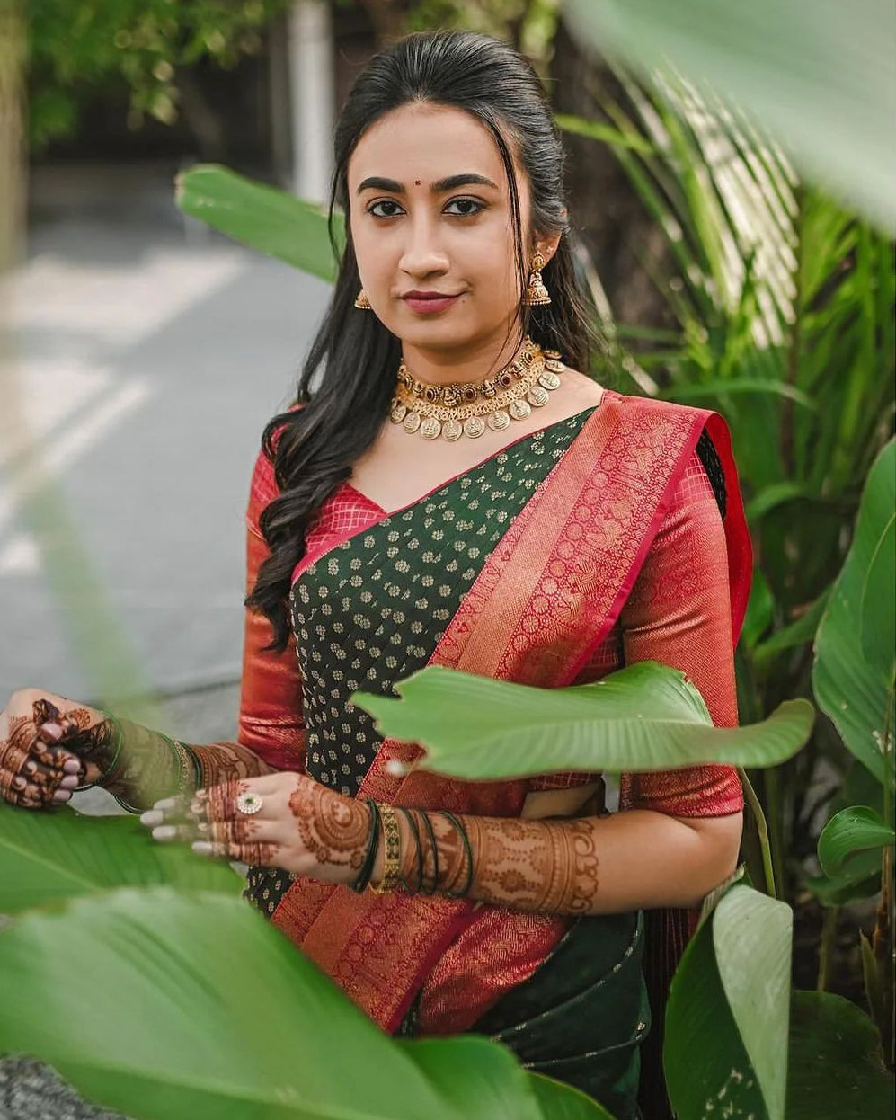 Green Silk Saree with Red Border & Zari Motifs