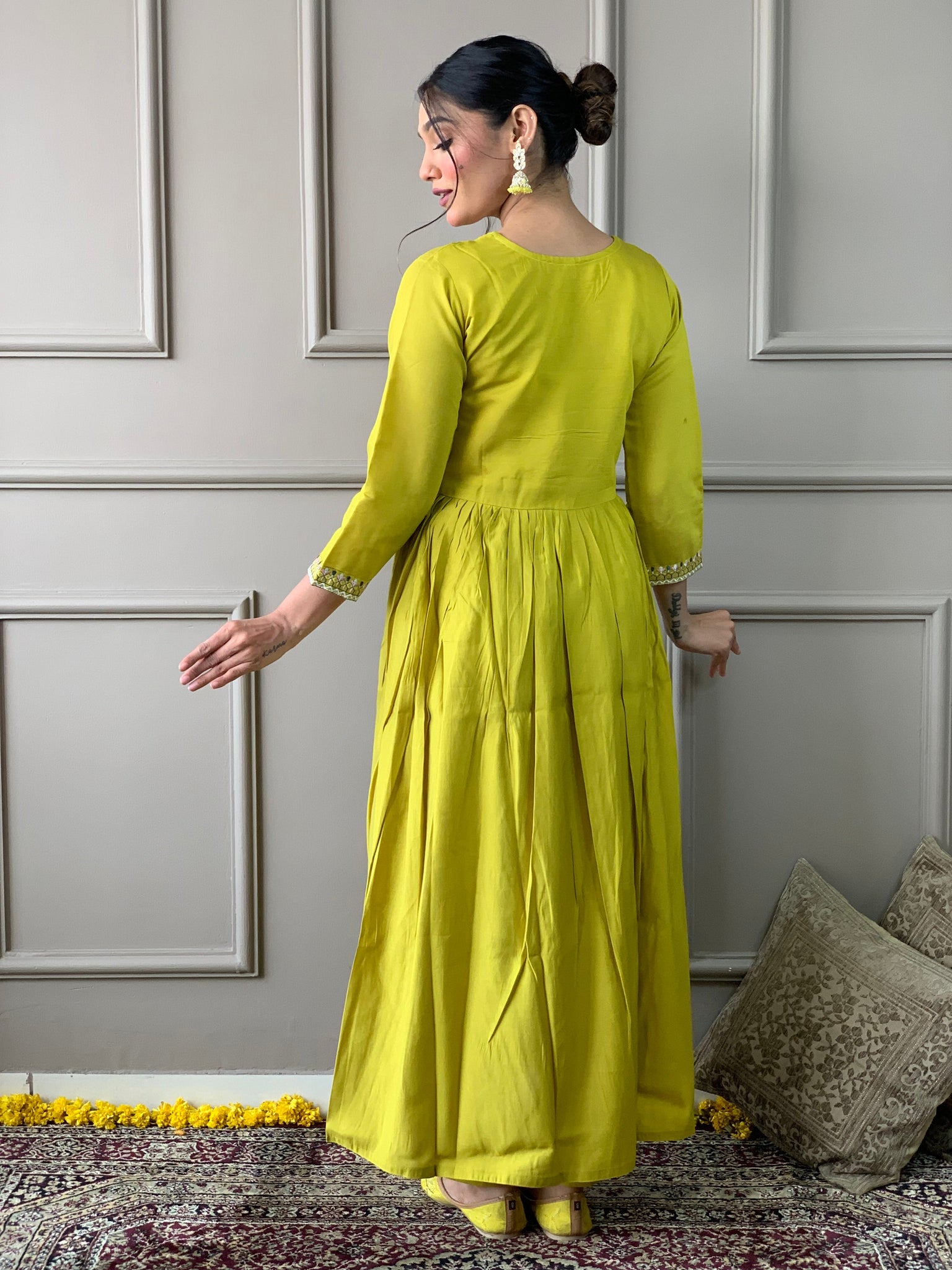 Lime Yellow Embroidered Anarkali Kurta Set
