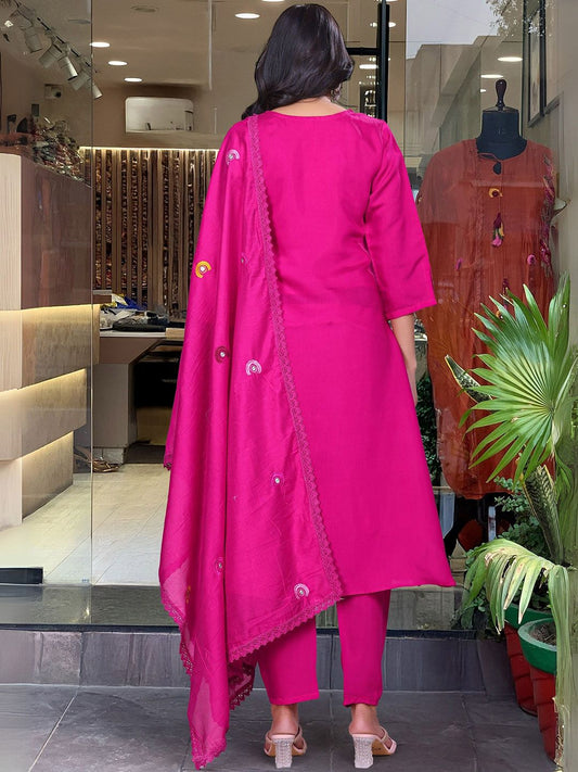 Vibrant Pink Embroidered Kurta Set with Playful Tassel Detailing