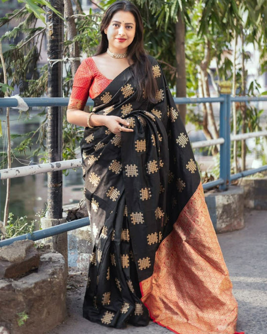 Black Banarasi-Style Saree with Gold Weaves & Peach Border