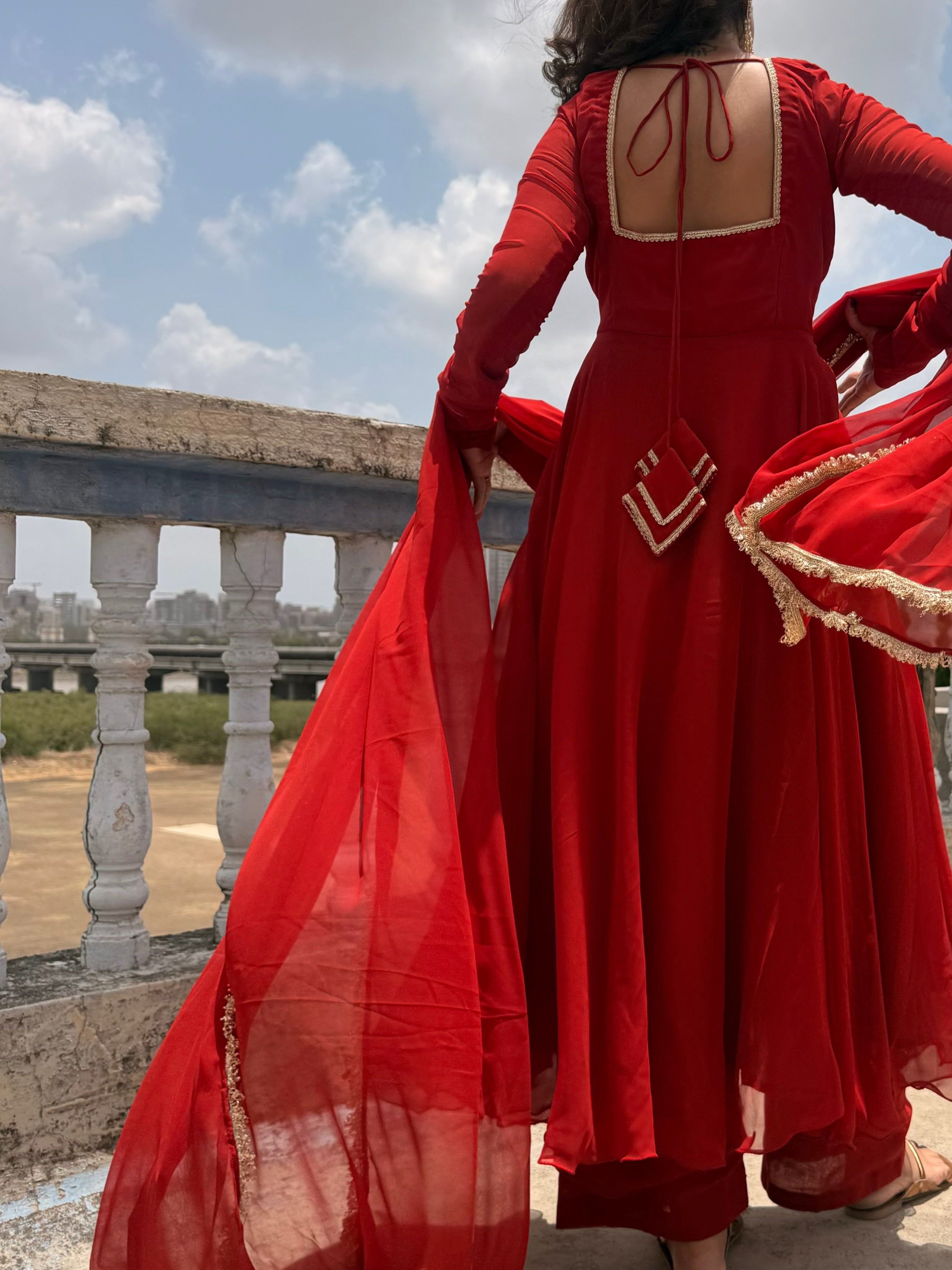 Classic Red Georgette Anarkali Suit Set with Lace Border Dupatta
