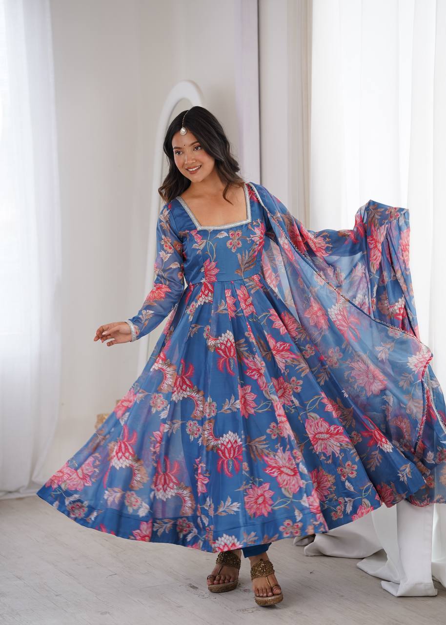 Blue Floral Print Georgette Anarkali Set with Dupatta
