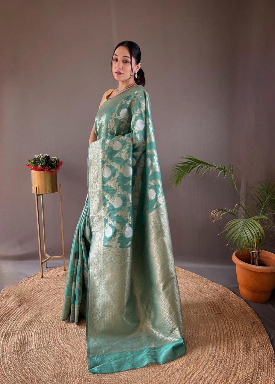 Elegant Silk Saree with Floral Motifs & Rich Zari Border