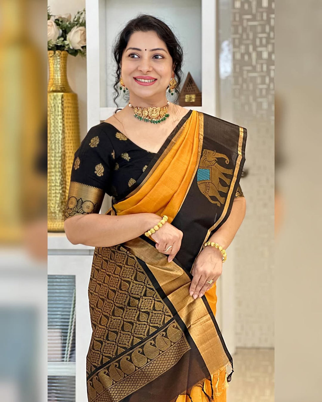 Mustard Yellow & Black Silk Saree with Zari Border