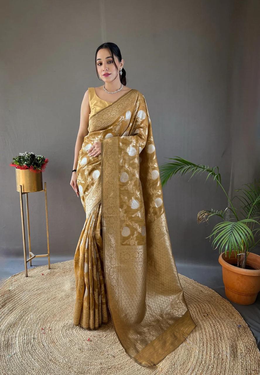 Elegant Silk Saree with Floral Motifs & Rich Zari Border