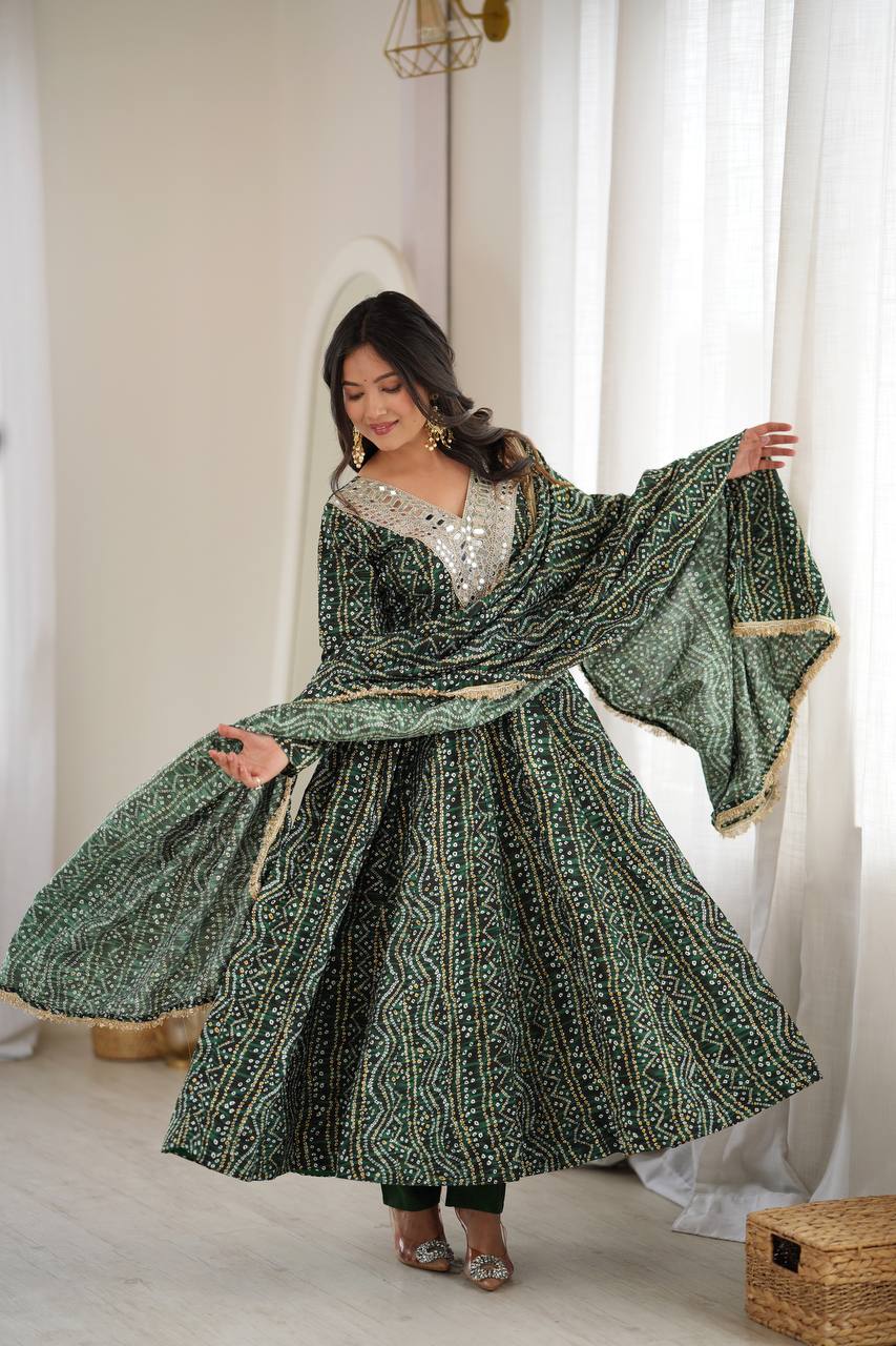 Bandhani Printed Mirror Work Anarkali Suit Set