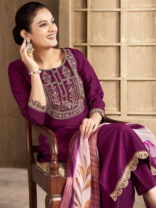 Wine Purple Embroidered Kurta Set with Floral Dupatta for Women