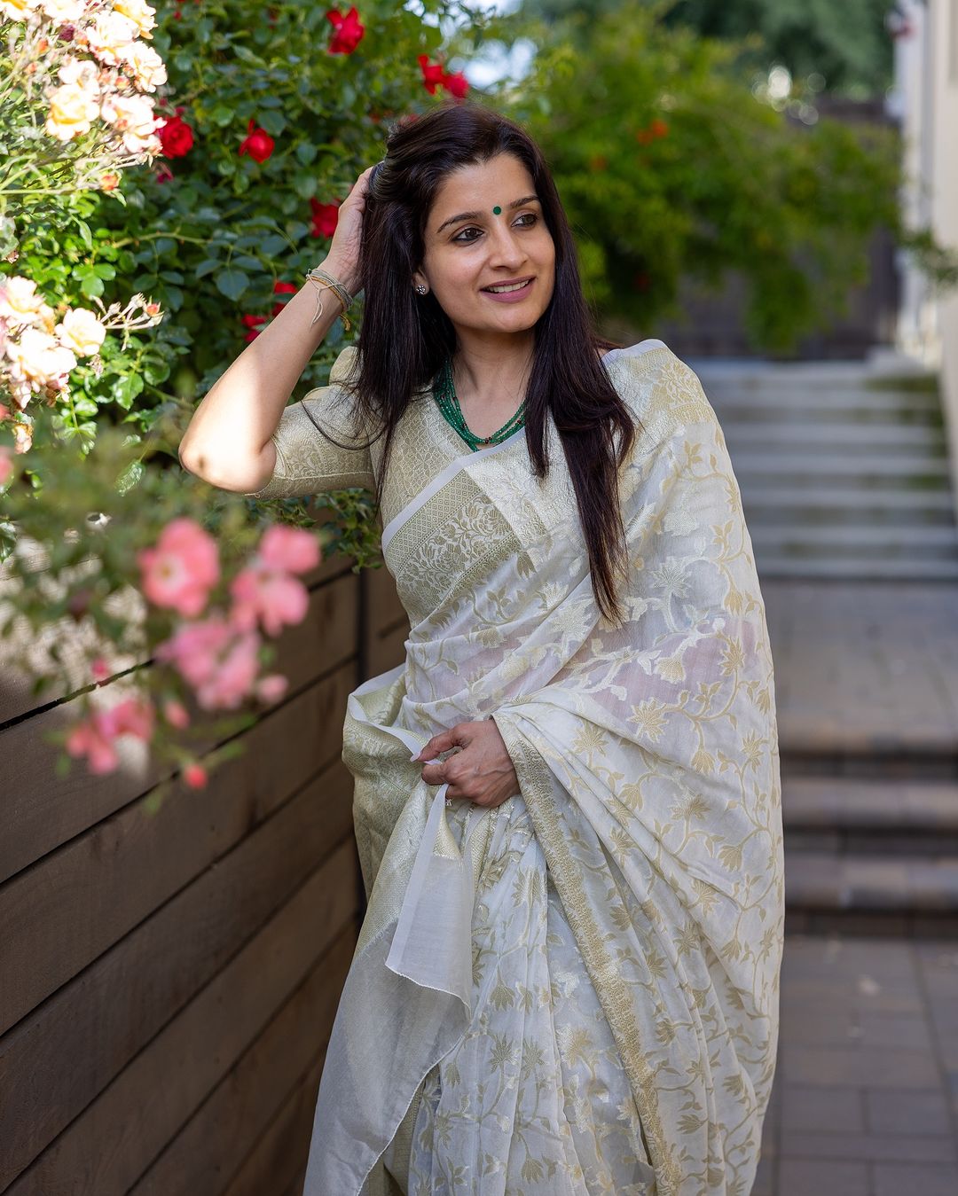 White Organza Silk Saree with Gold Floral Zari Weaving