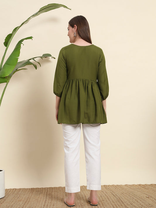 V neack Green Short Kurti For Women