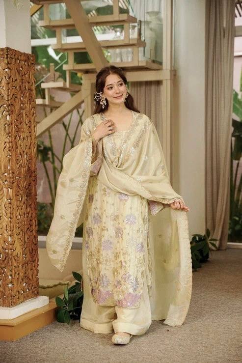 Ethereal Cream & Pastels Sequined Floral Embroidered Silk Kurta with Wide Palazzo Pants & Embellished Dupatta Set for Women