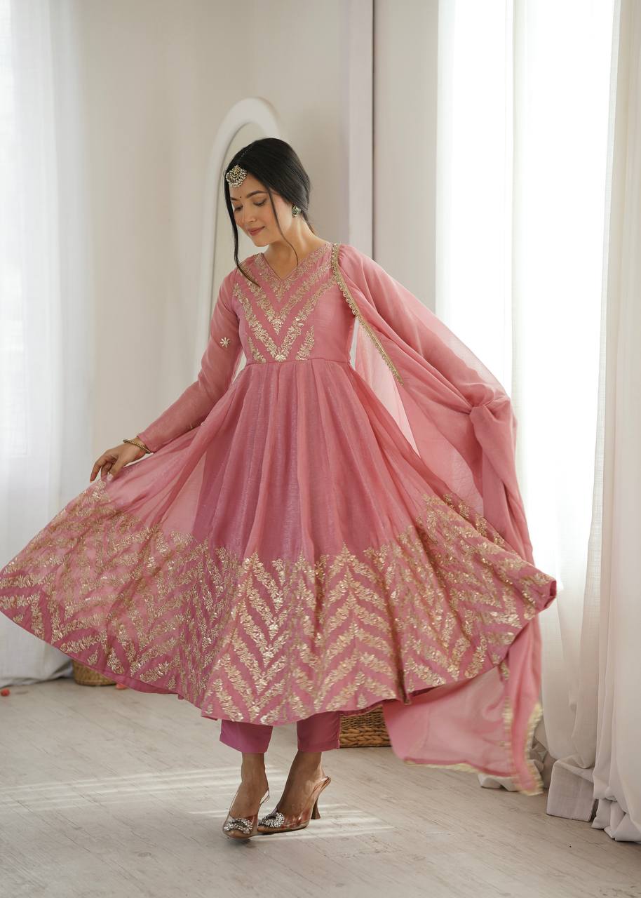 Graceful Salmon Peach Chevron Sequins Embroidered Flared Anarkali Suit Set with Organza Dupatta for Women