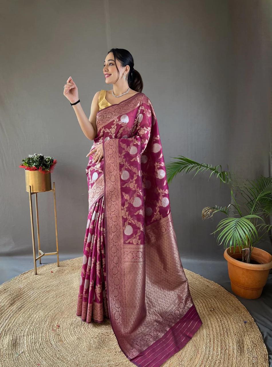 Elegant Silk Saree with Floral Motifs & Rich Zari Border
