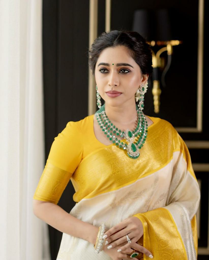 Yellow Silk Saree with Cream & Gold Border
