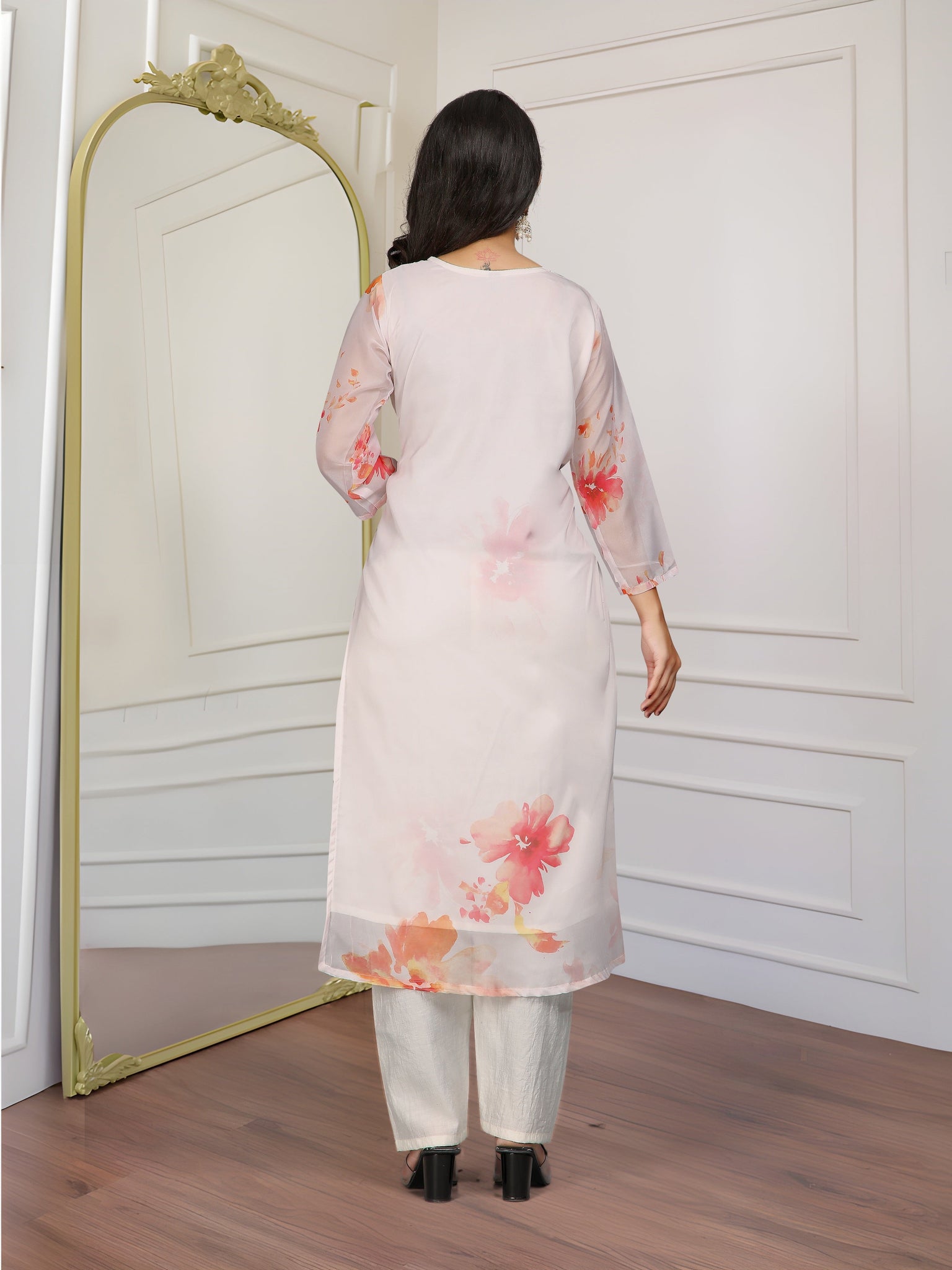 Off White Floral Print Organza Kurta Set