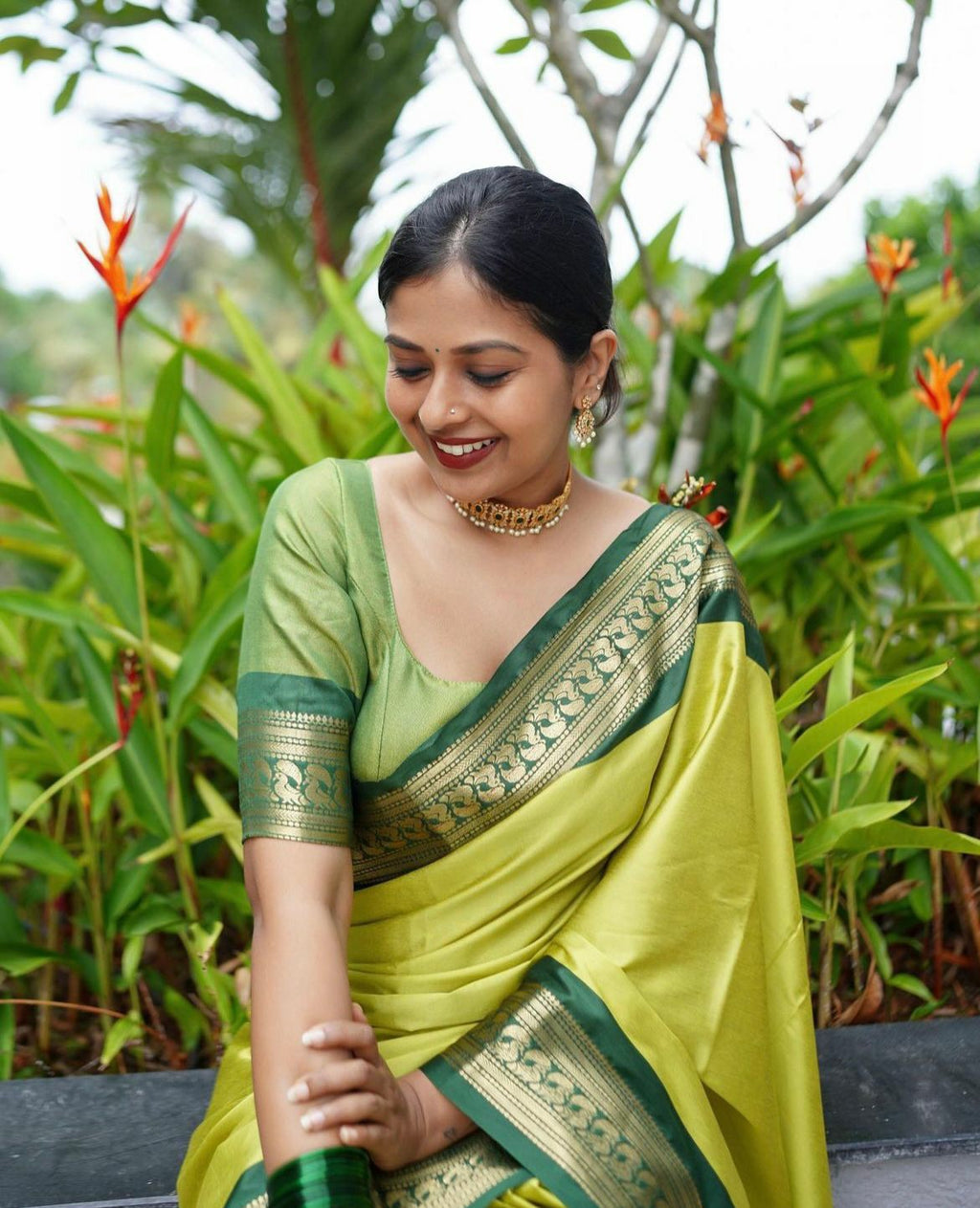 Lime Green Silk Saree with Contrast Green Border & Gold Zari Weaving