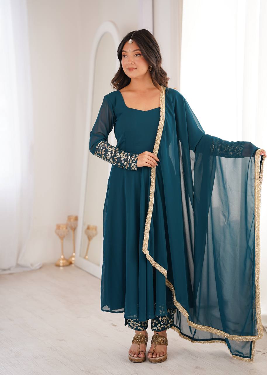 Teal Blue Georgette Anarkali Suit Set with Embroidered Sleeves & Lace Dupatta
