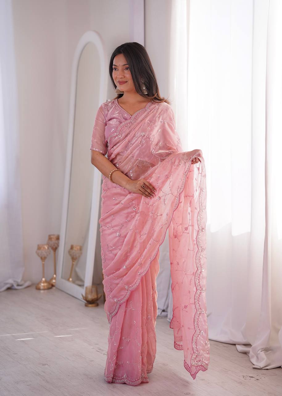 Tissue Organza Embroidered Saree with Cutwork Border & Unstitched Blouse Piece