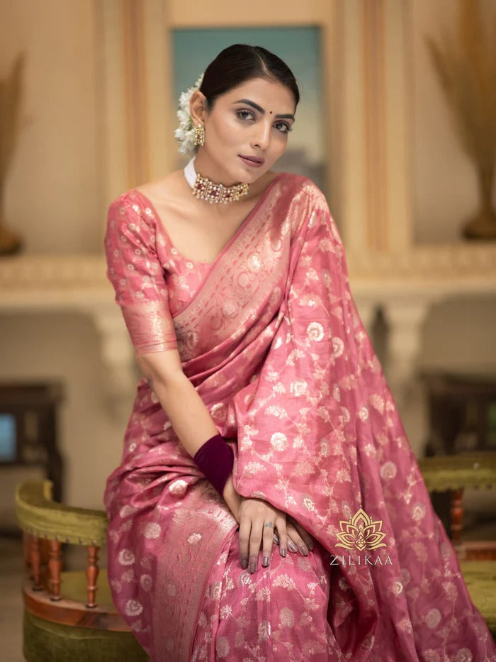 Dusty Rose Peach Silk Saree with Gold Zari Work
