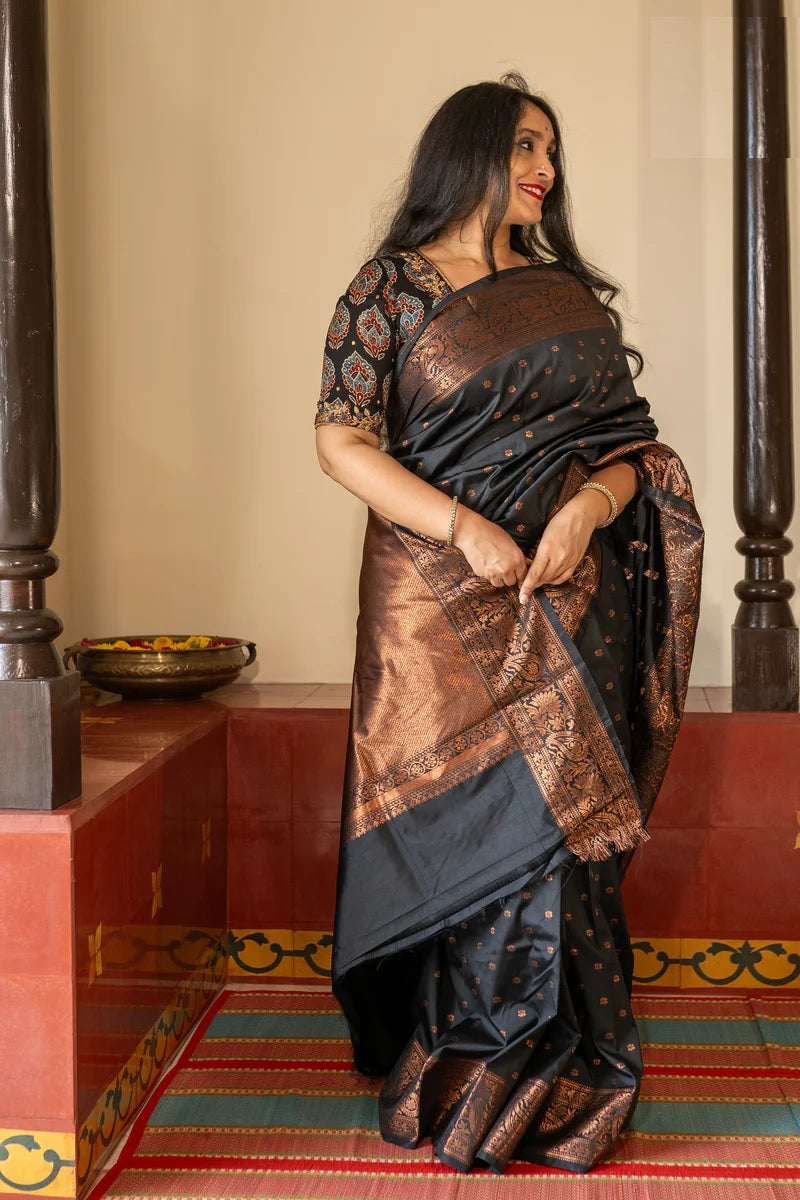 Black Banarasi Silk Saree with Copper Zari Work