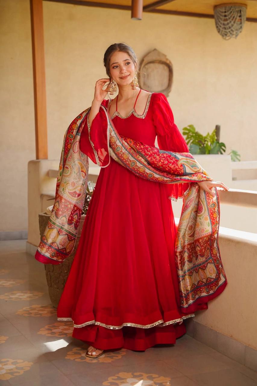 Chic Cherry Red Georgette Flared Anarkali Kurti with Wide Pants & Kalamkari Print Dupatta Set for Women