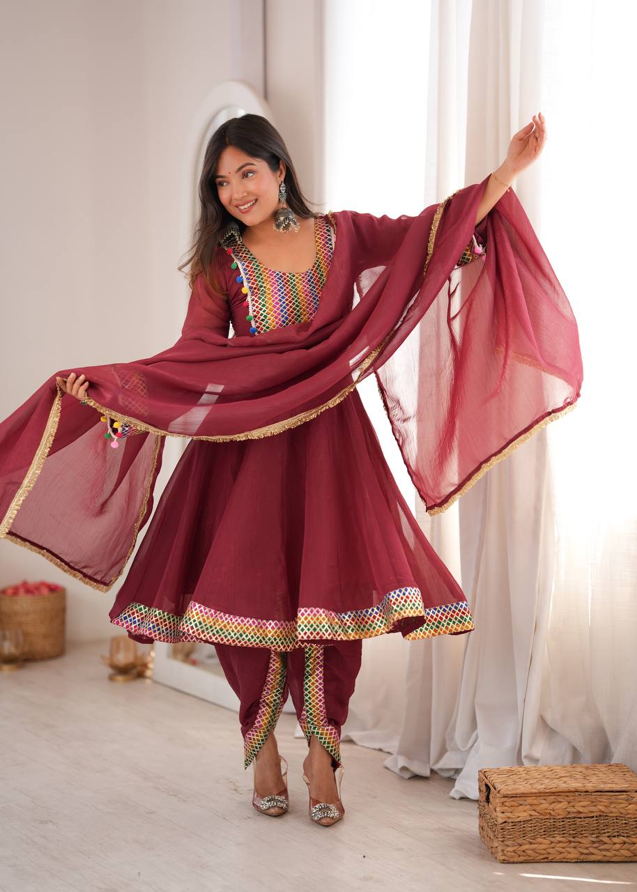 Maroon Anarkali Kurta Dhoti Pant Set with Lace & Pom-Poms