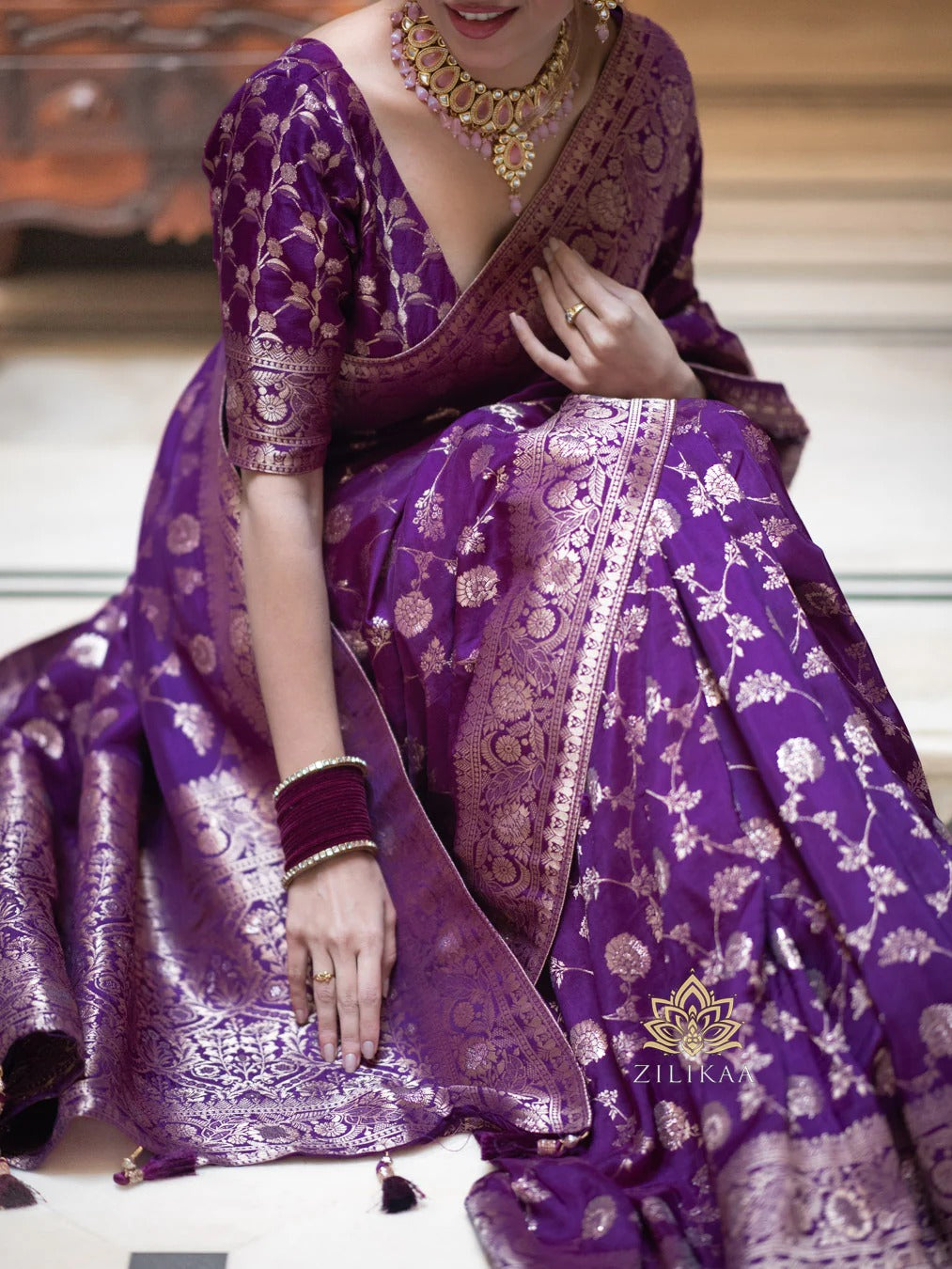 Royal Plum Purple Silk Saree with Gold Zari Work