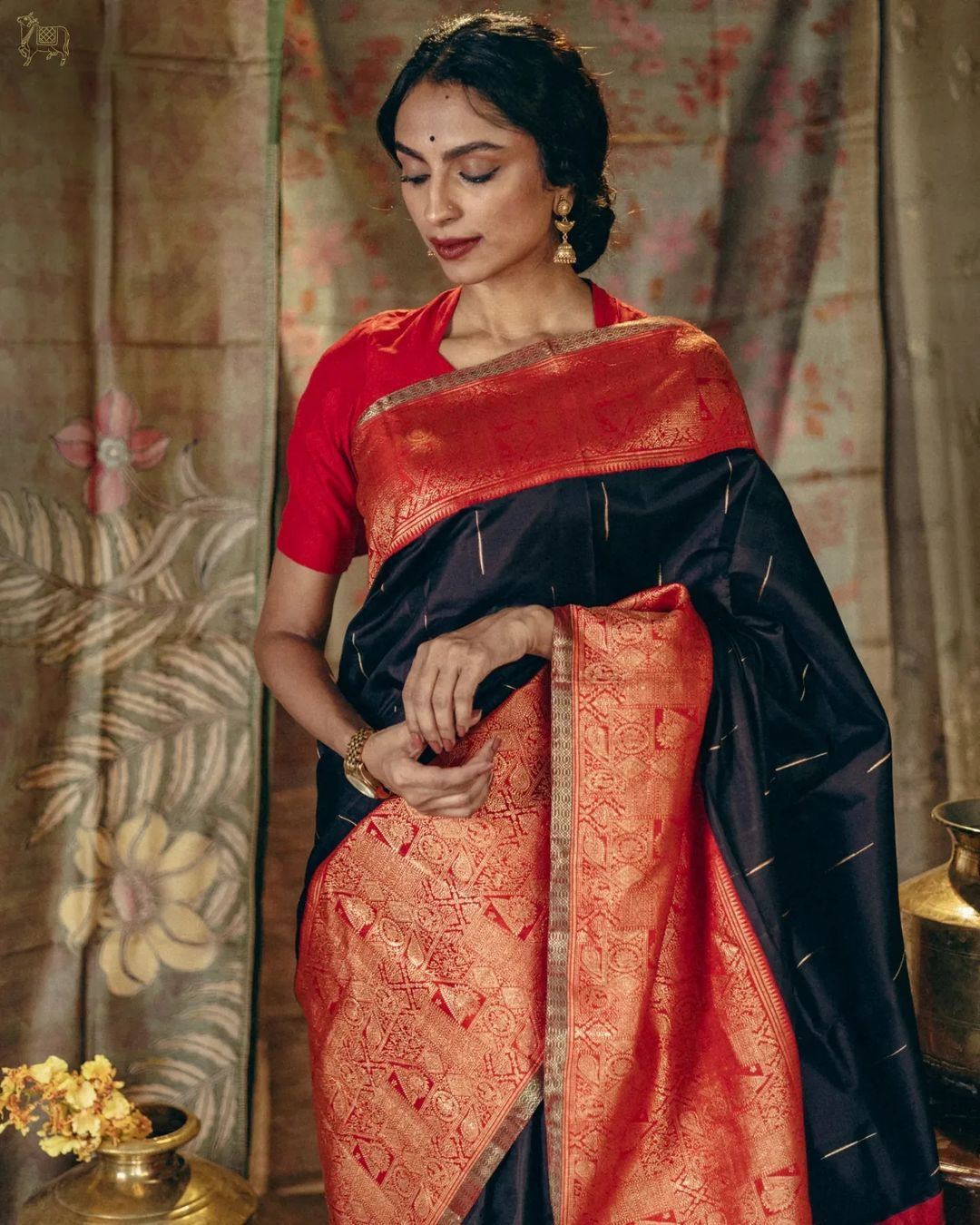 Black Silk Saree with Red-Gold Brocade Pallu