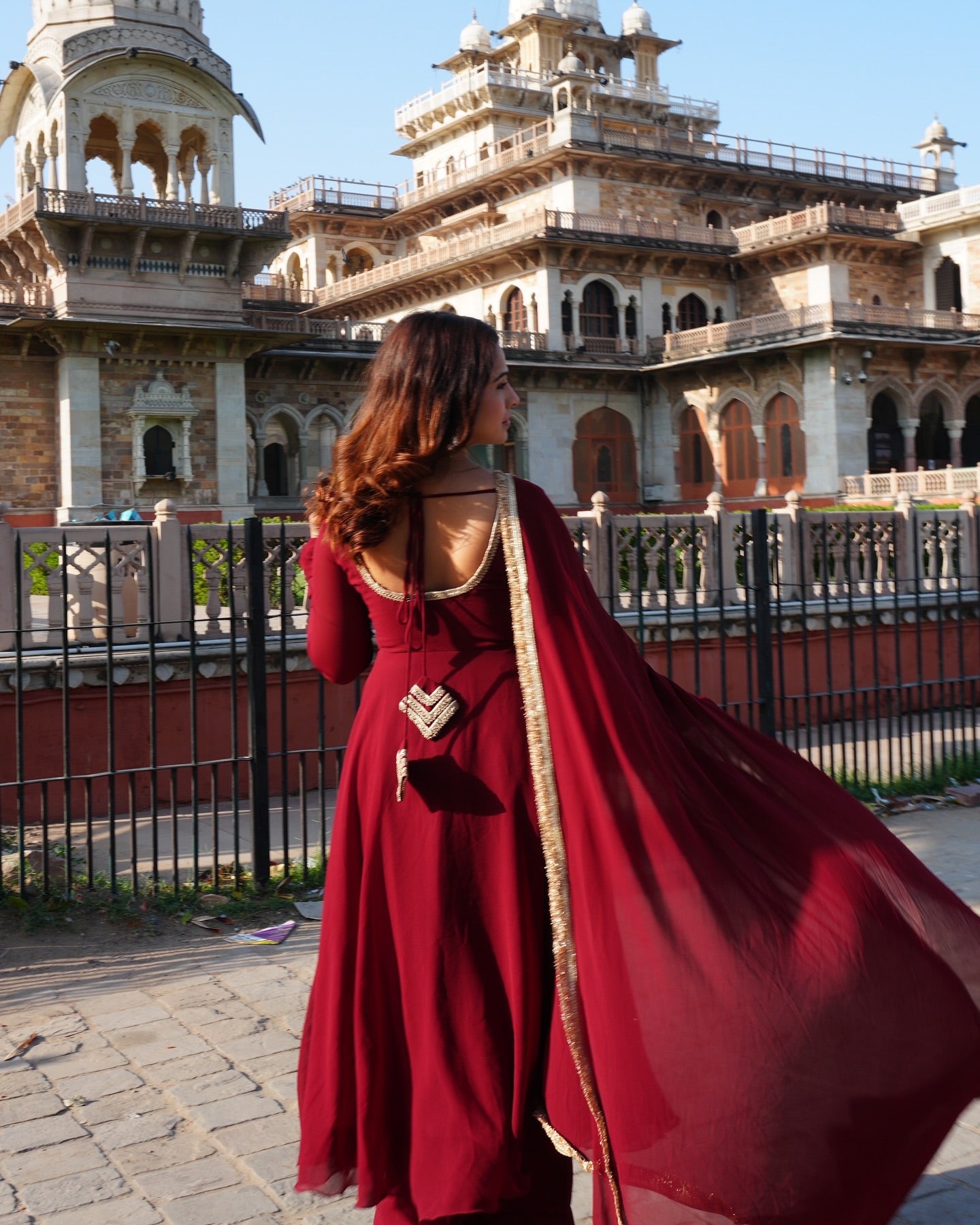 Maroon Georgette Anarkali Suit Set with Lace Neckline & Bordered Dupatta