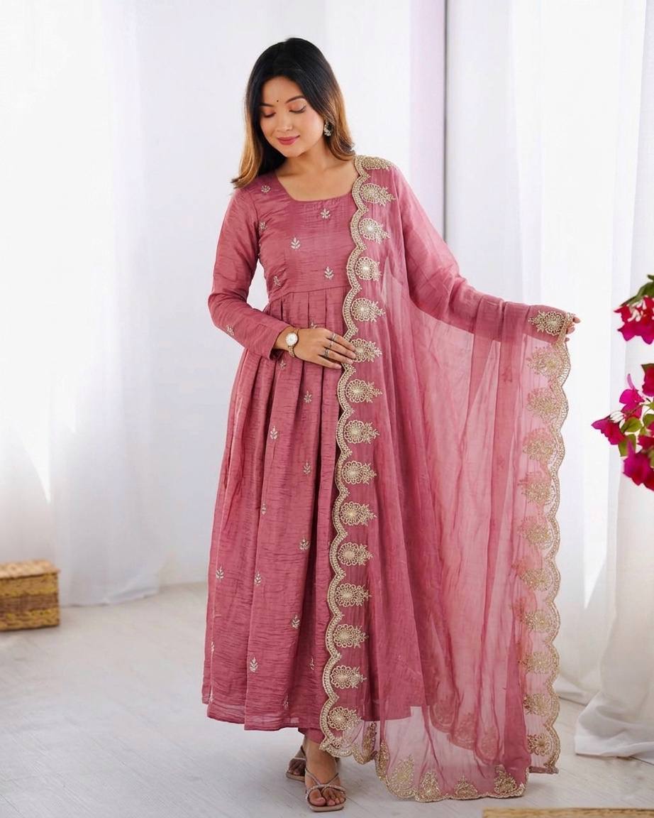 SEO Title Dusty Rose Textured Silk Anarkali Suit Set with Cutwork Scallop Dupatta