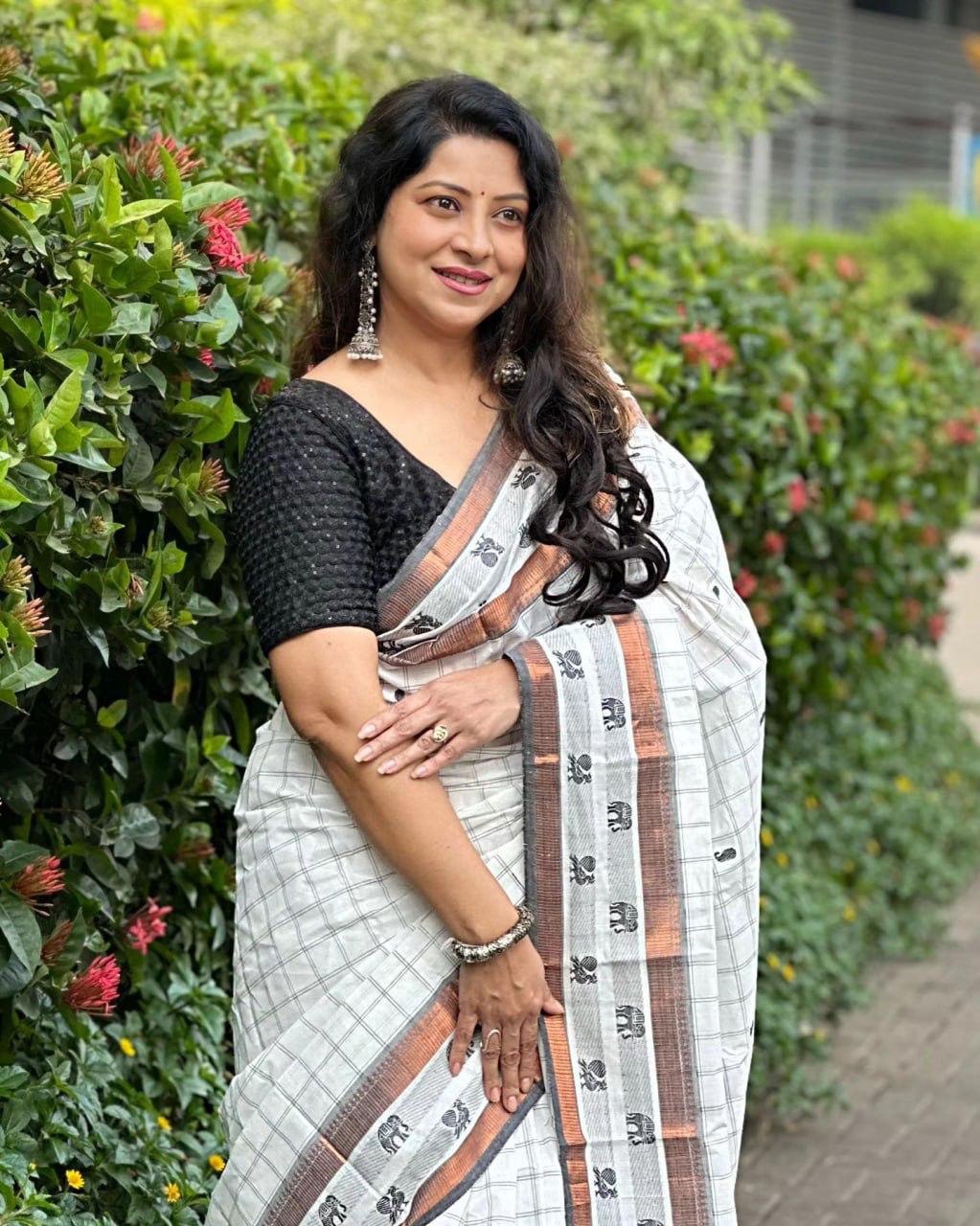 White Cotton Saree with Elephant Motifs