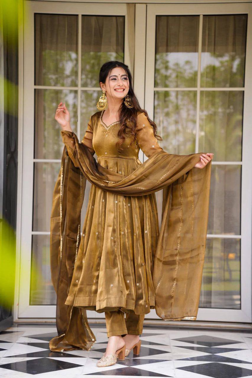 Luxurious Olive Gold Metallic Tissue Anarkali Kurti with Pants & Bordered Dupatta Set for Women